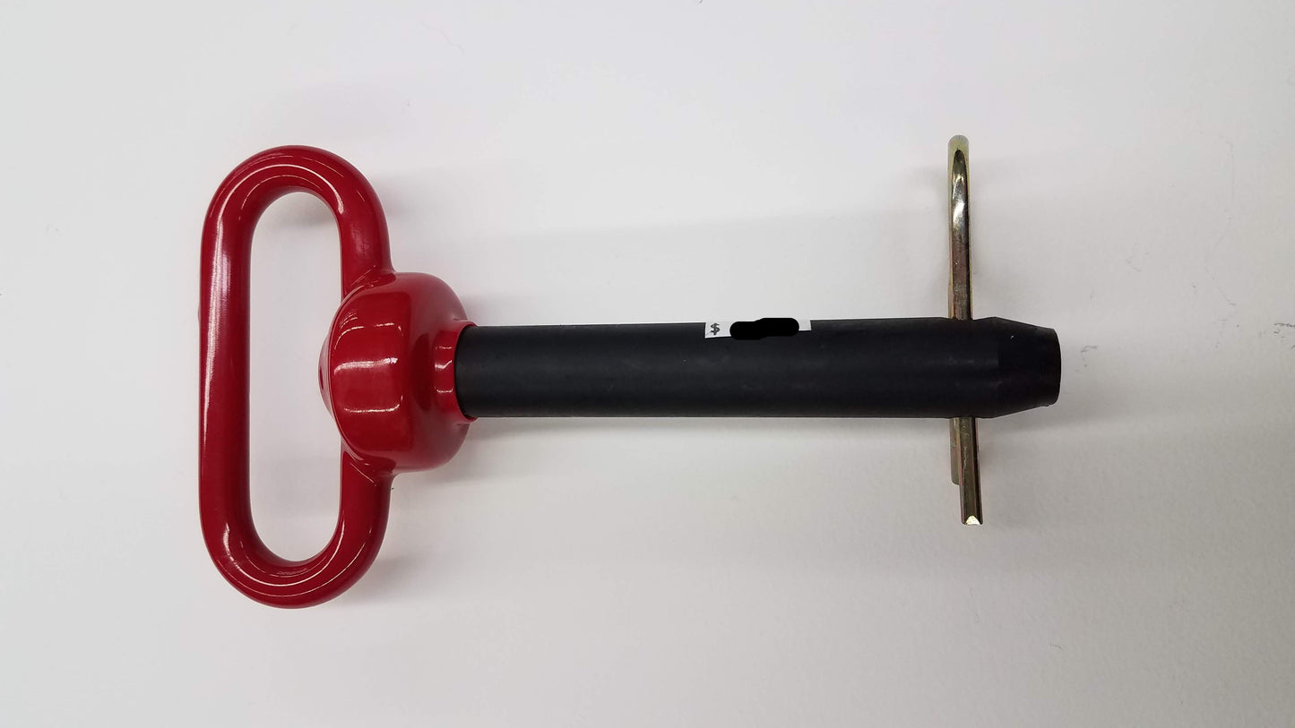 A red double HH trailer hitch pin with a black coating on the head and a hairpin clip.