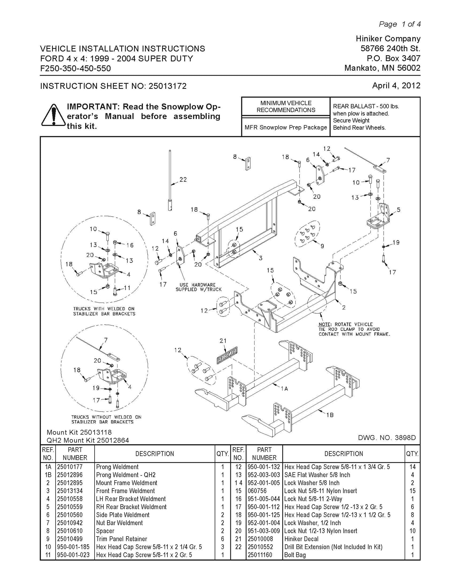 Hiniker Snowplow Mount - Quick Hitch 2 (QH2), 1999-2004 Ford 4x4 F250-550 SD, 25012864