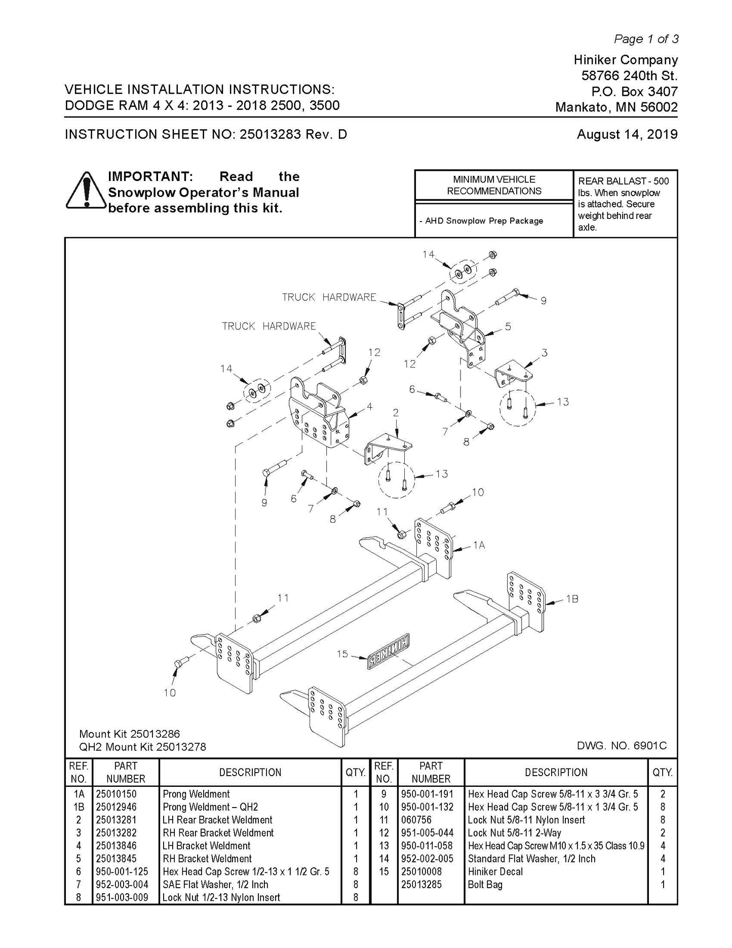 Hiniker Snowplow Mount - Quick Hitch 2 (QH2), 2013-2018 Dodge/ RAM 4x4 2500-3500, 25013278