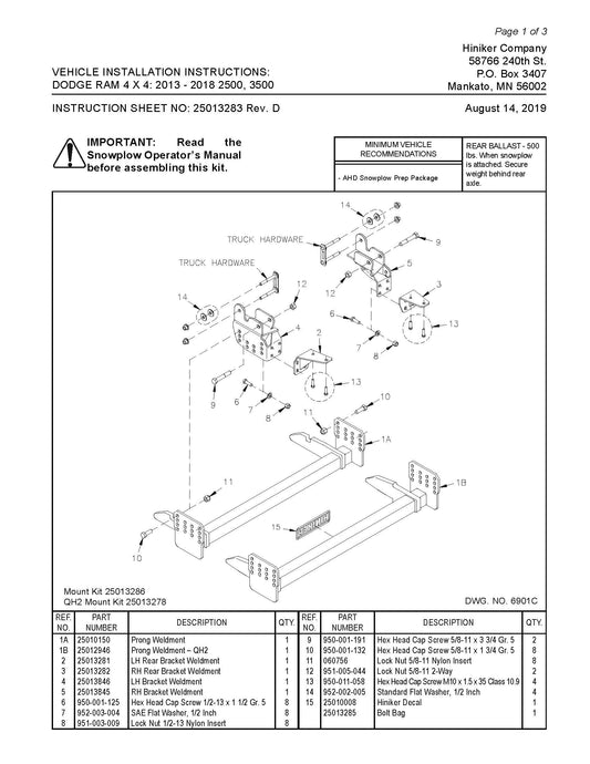 Hiniker Snowplow Mount - Quick Hitch 1 (QH1), 2013-2018 Dodge/ RAM 4x4 2500-3500, 25013286