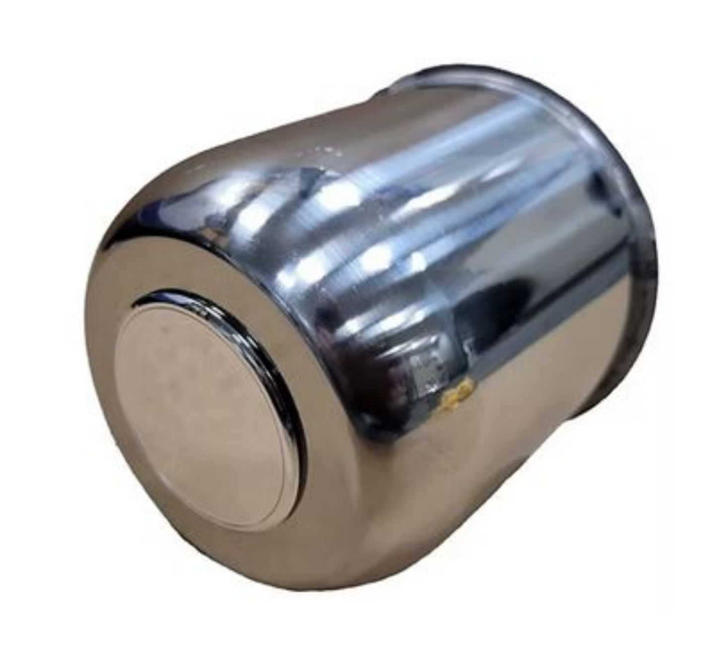 A stainless steel trailer wheel center cap with a reflective surface, showing a 4.25 inch pilot hole at the top.