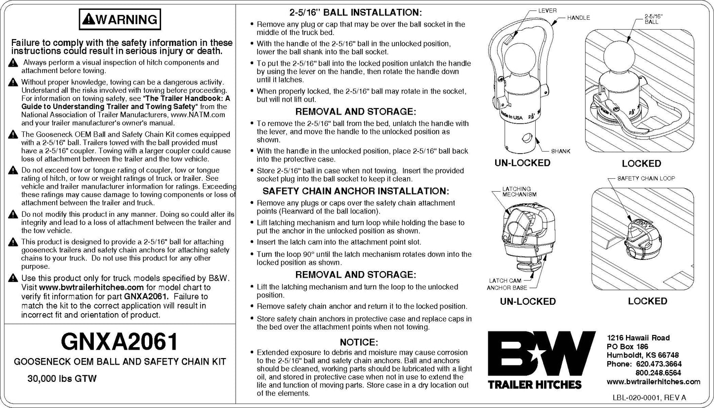 B&W Gooseneck Ball & Safety Chain Anchor Kit - GM/Chevy, Ford, Nissan GNXA2061