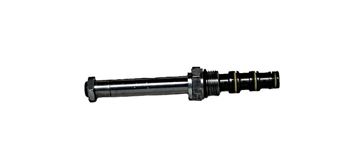 A black spool valve with a 3-port design and 2 coils, intended for use with Hiniker plow systems.