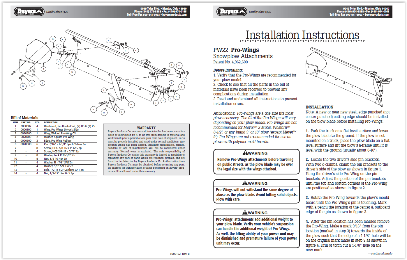 Buyers Pro Wings Snow Plow Extensions (1 Set), PW22