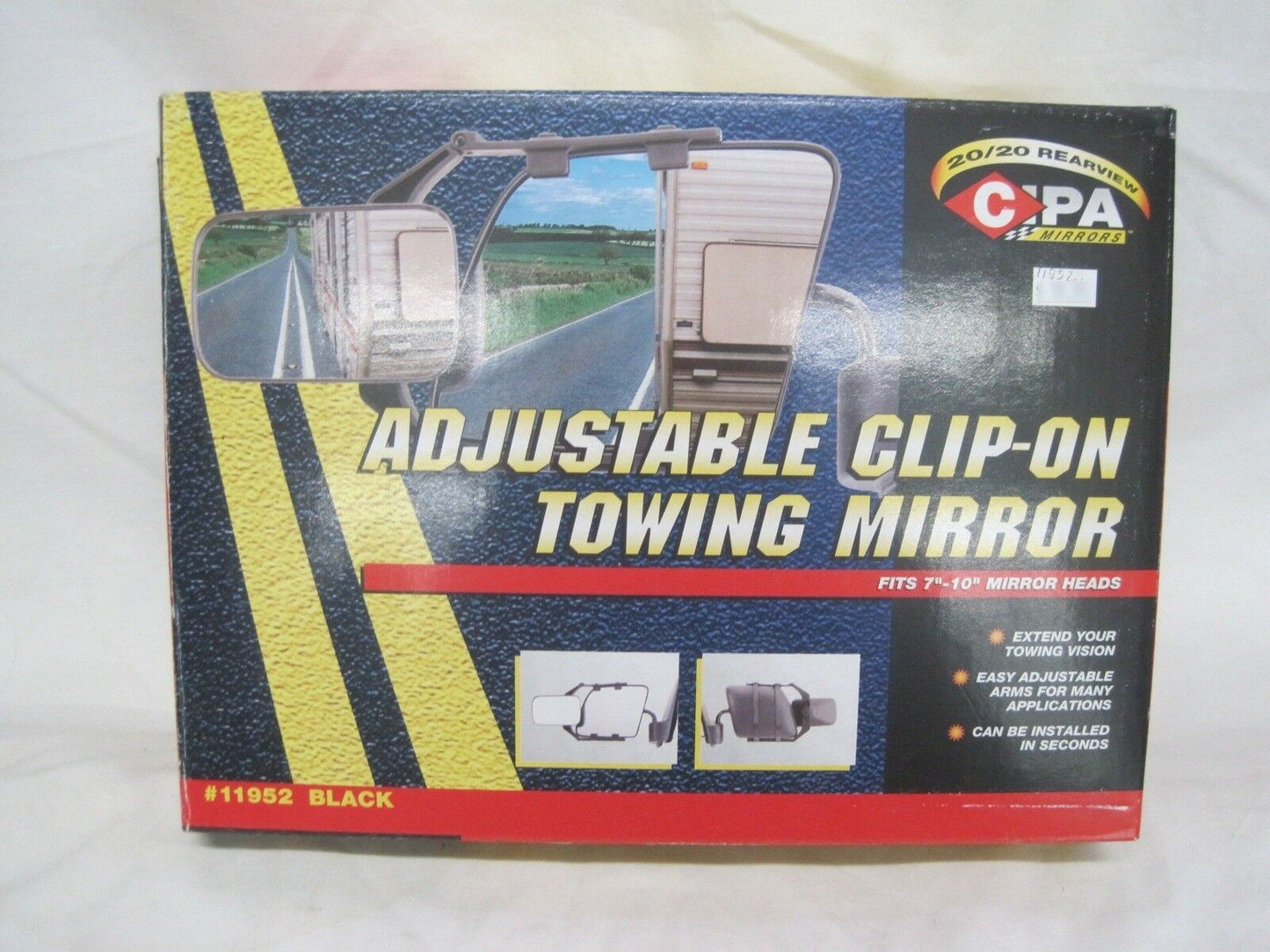 Tow Mirror, Adjustable black Clip-on Towing mirror 7"-10" mirror heads 11952