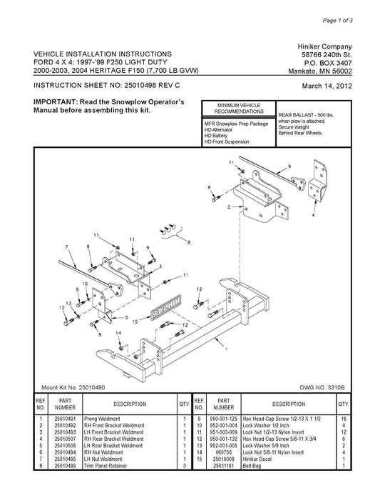 Hiniker Snowplow Mount - Quick Hitch 1 (QH1), 1997-1999 Ford F250 LD, 2000-2003 Ford F150,   25010490