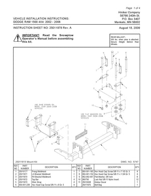 Hiniker Snowplow Mount - Quick Hitch 1 (QH1), 2002-2008 Dodge Ram 1500, 25011815