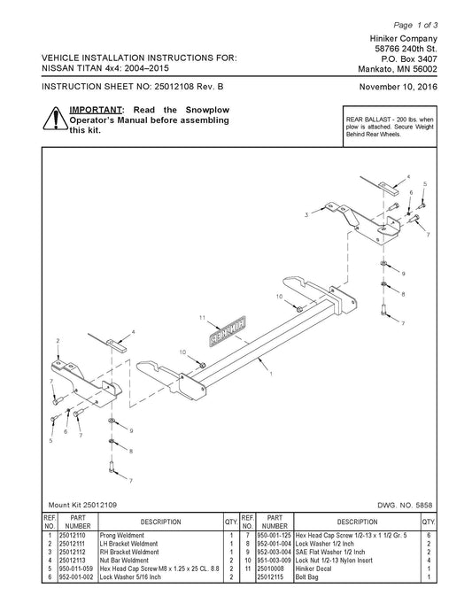 Hiniker Snowplow Mount - Quick Hitch 1 (QH1), 2004-2015 Nissan 4x4 Titan, 25012109