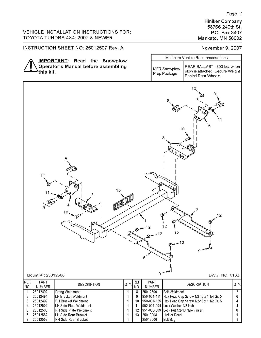 Hiniker Snowplow Mount - Quick Hitch 1 (QH1), 2007-2021 Toyota Tundra, 25012508