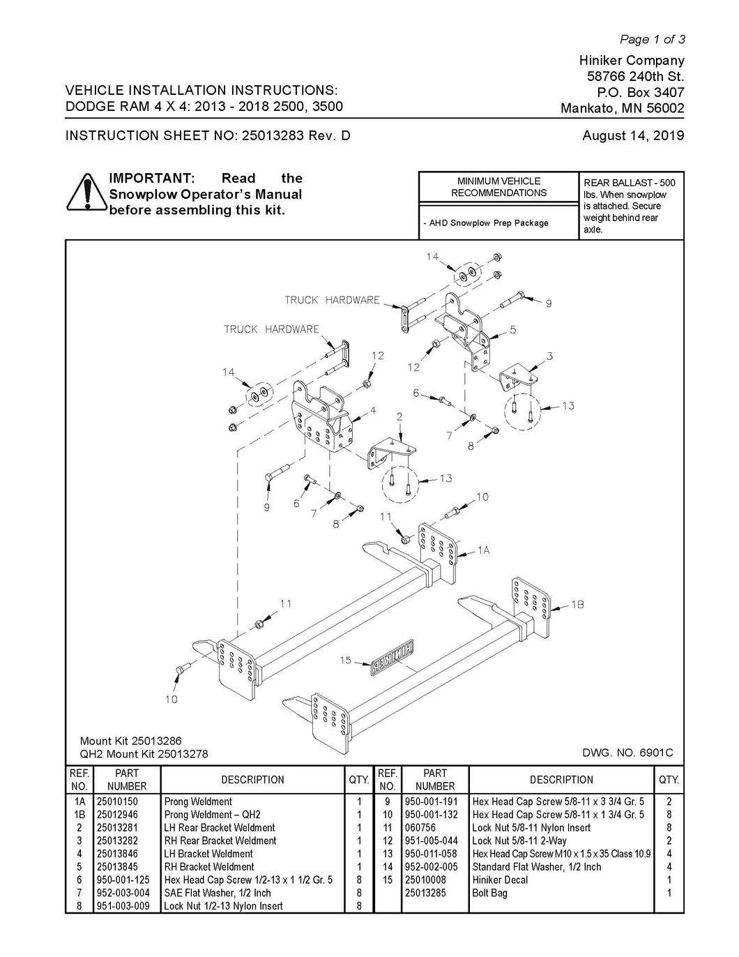 Hiniker Snowplow Mount - Quick Hitch 2 (QH2), 2013-2018 Dodge/ RAM 4x4 2500-3500, 25013278