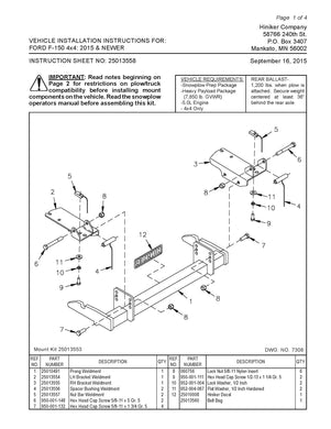 Hiniker Snowplow Mount - Quick Hitch 1 (QH1), 2015-2019 Ford 4x4 F150, 25013553