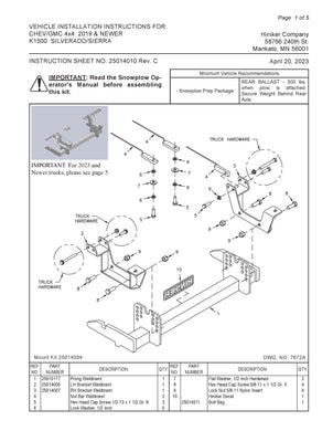 Hiniker Snowplow Mount - Quick Hitch 1 (QH1), 2019 & Newer GM/ Chevy 1500, 25014004