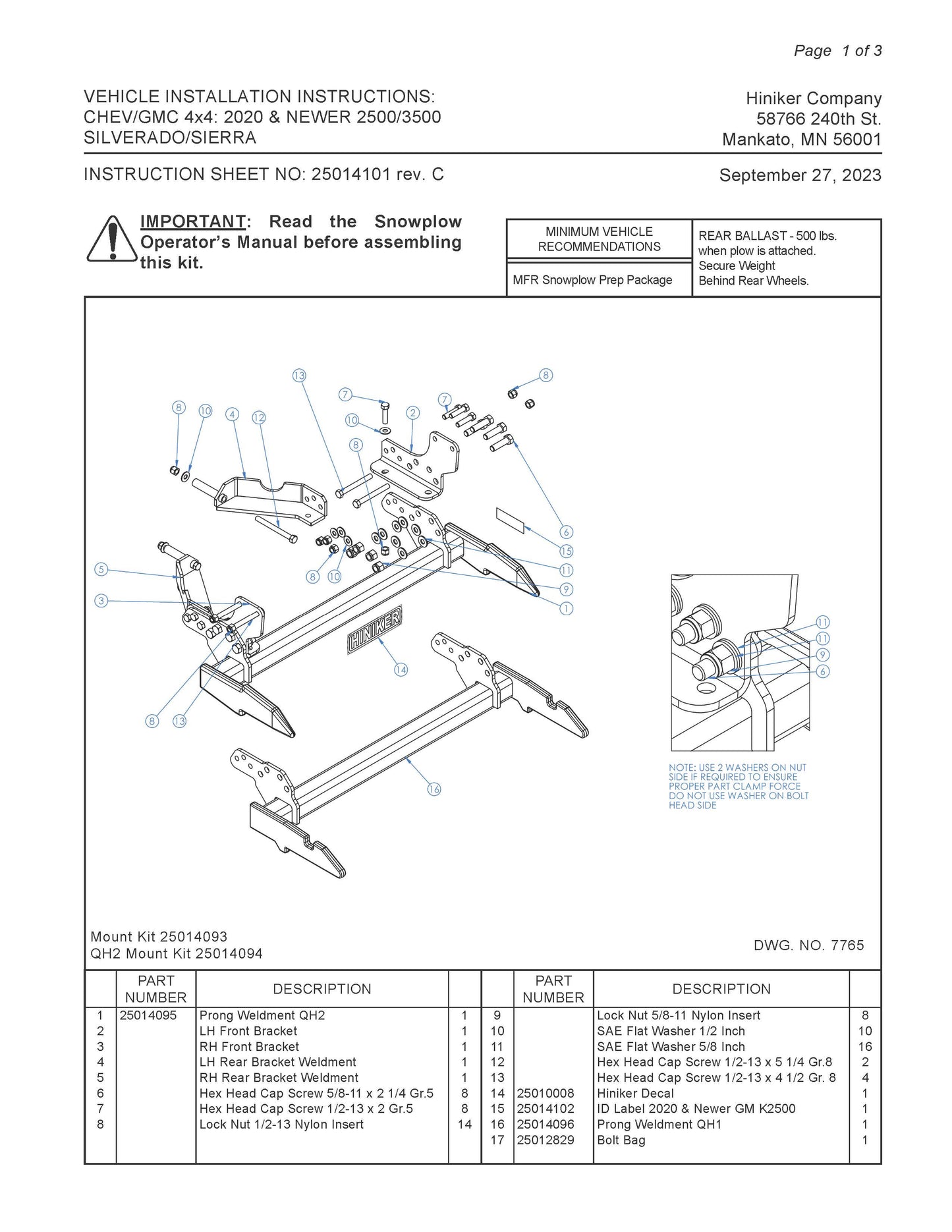 Hiniker Snowplow Mount - Quick Hitch 1 (QH1), 2020-2023 GM 2500-3500, 25014093