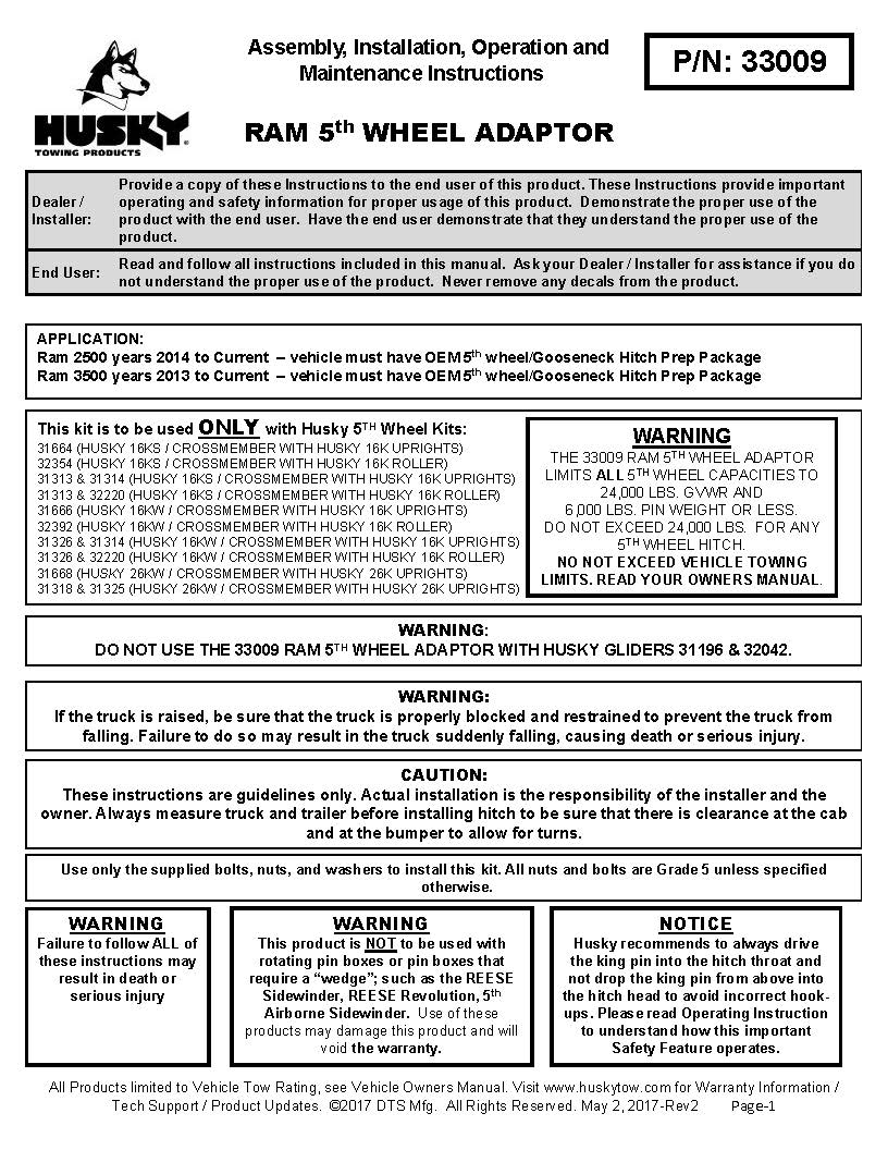 Husky Puck System 5th Wheel Adapter - 33009