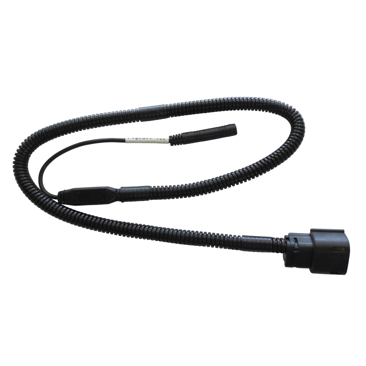 Black flexible cable with connectors on a white background