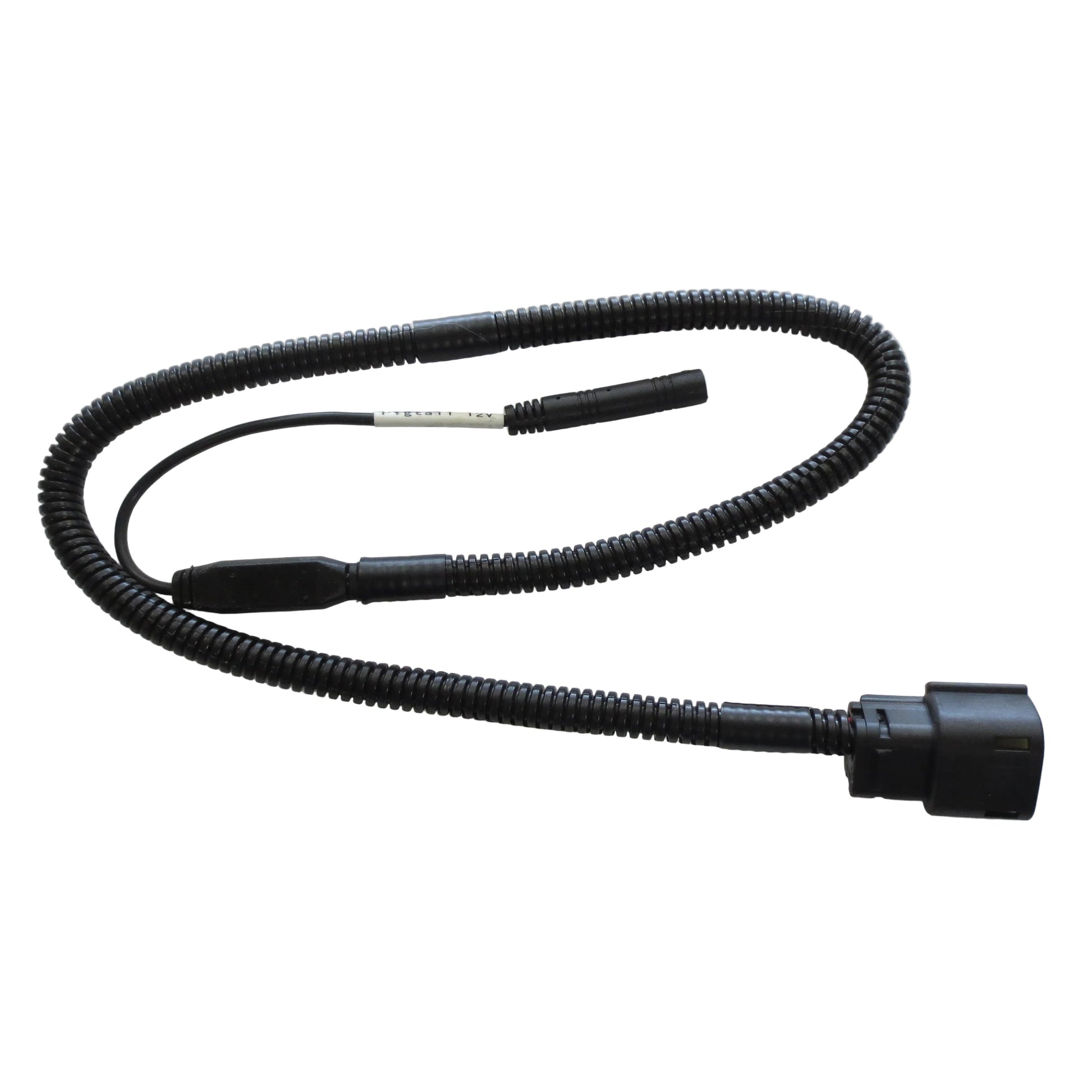 Black flexible cable with connectors on a white background