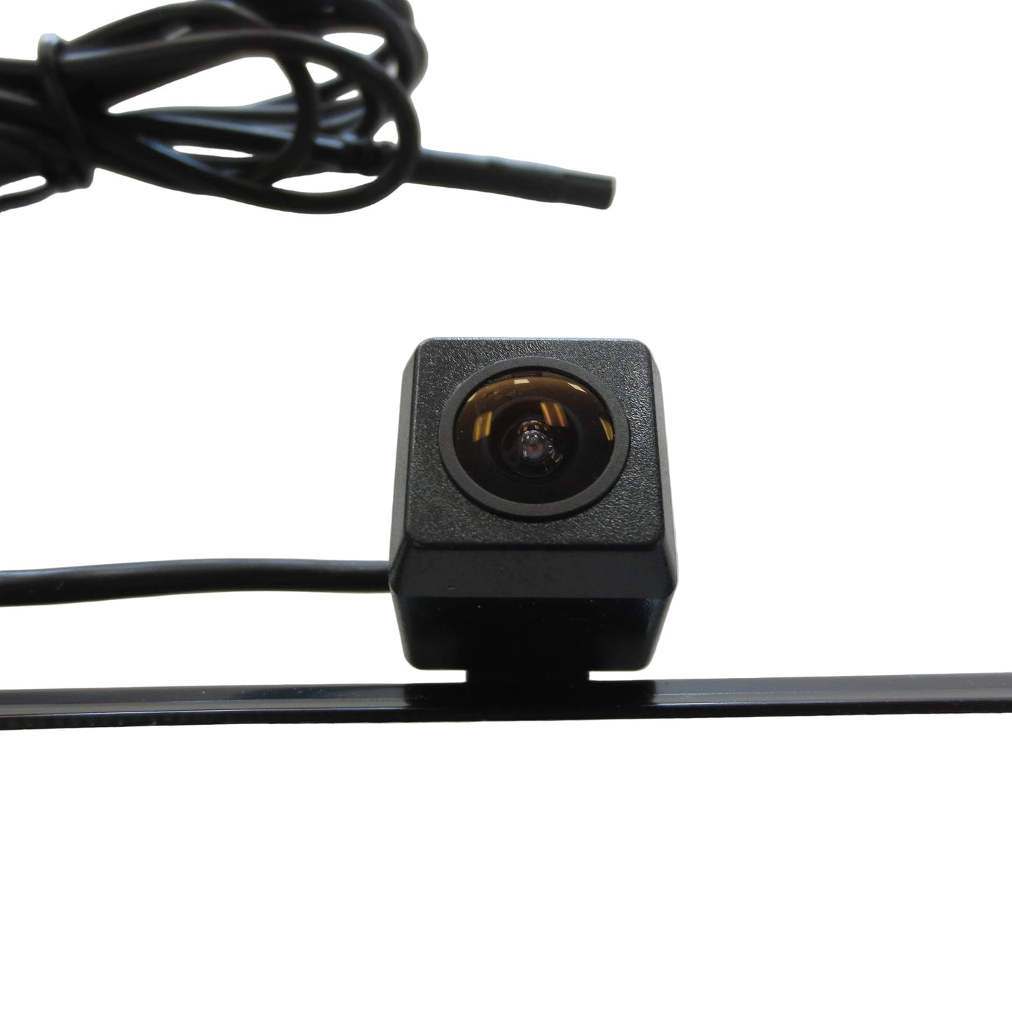 Back-up black camera module with bracket & wires on a white background