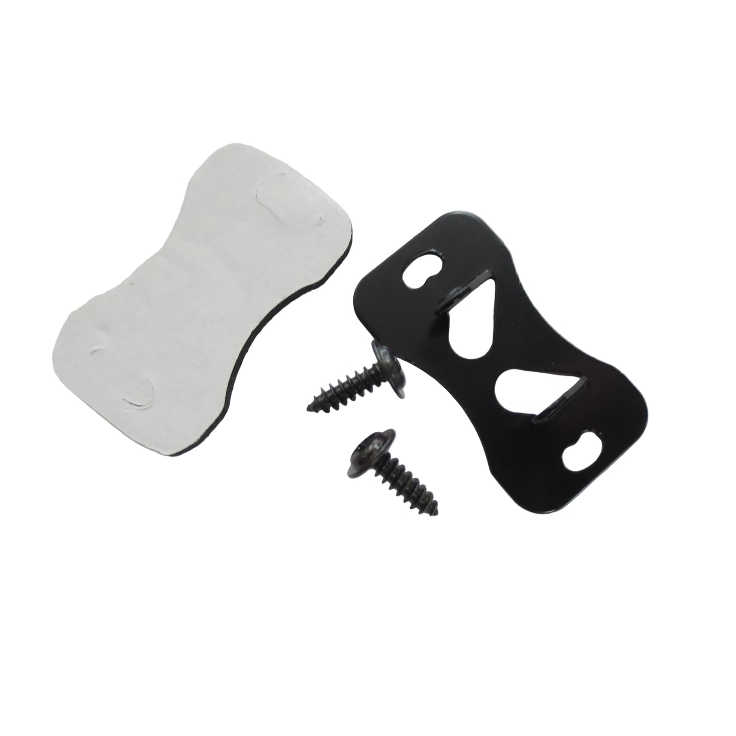 Black metal bracket with screws on a white background