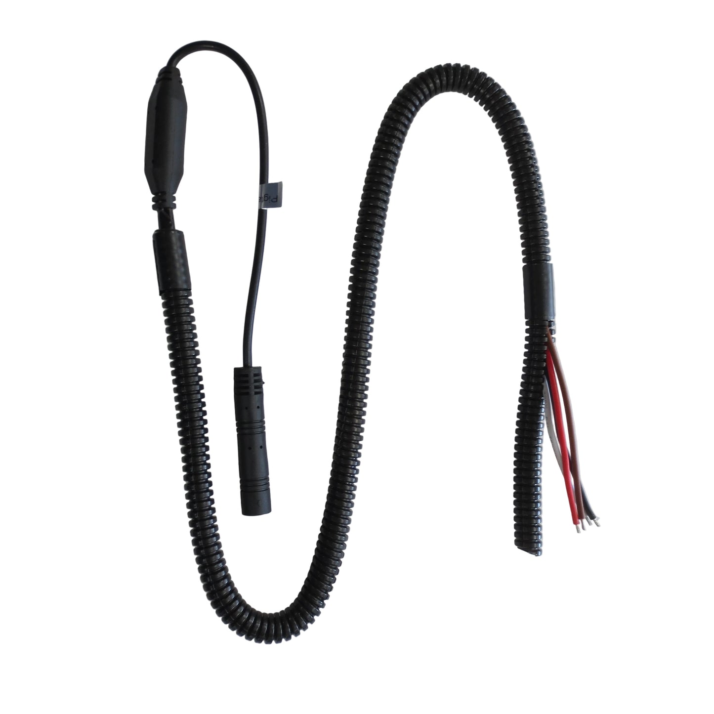 Coiled black cable with connectors on a white background