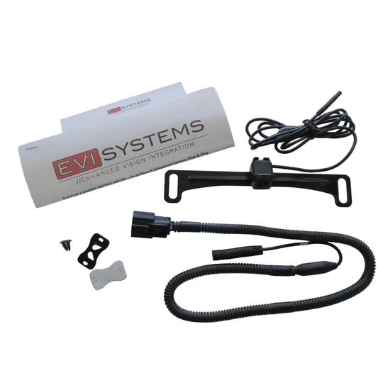 EVI Systems camera mount and cable on a white surface with a branded card.