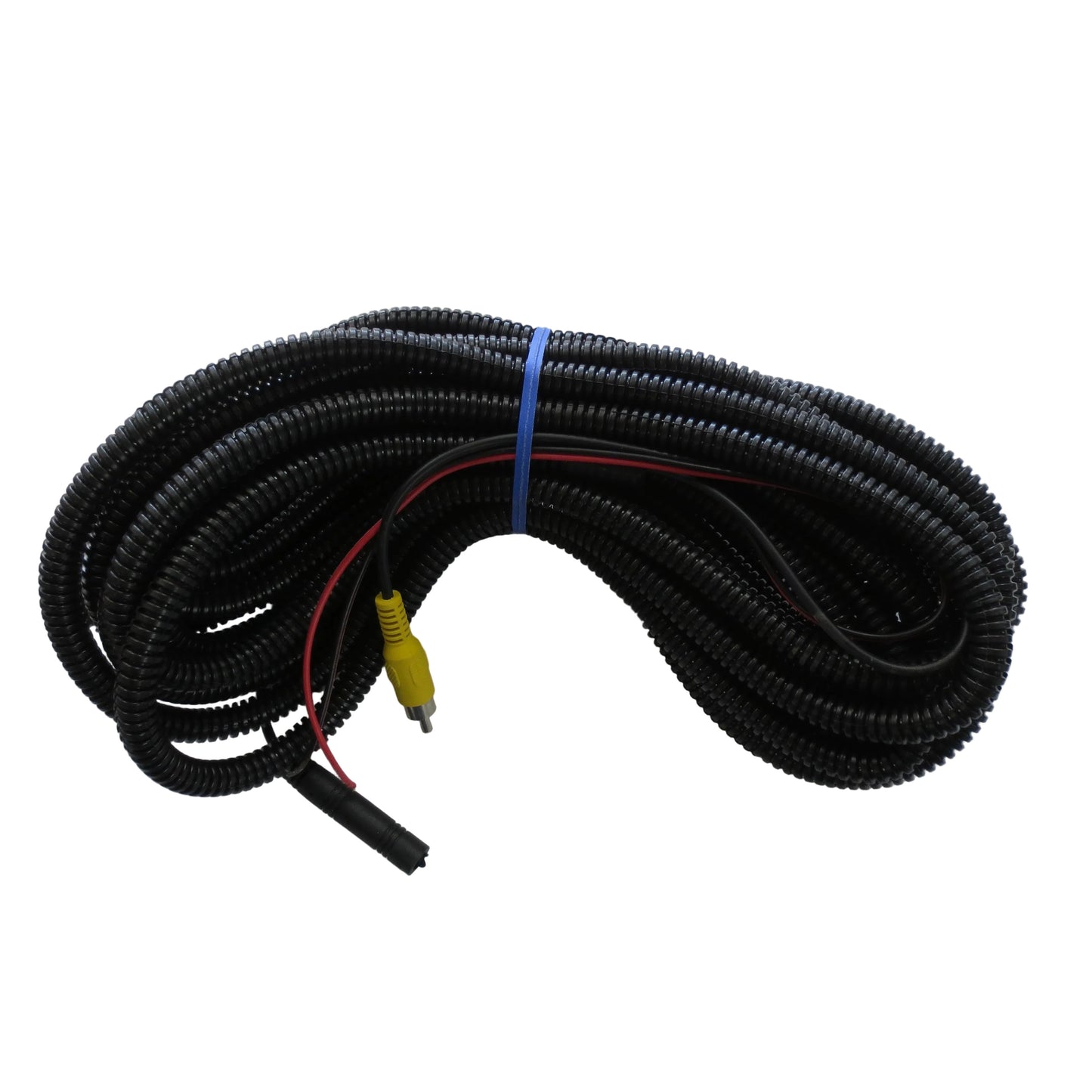 Coiled black cable with red and yellow connectors on a white background