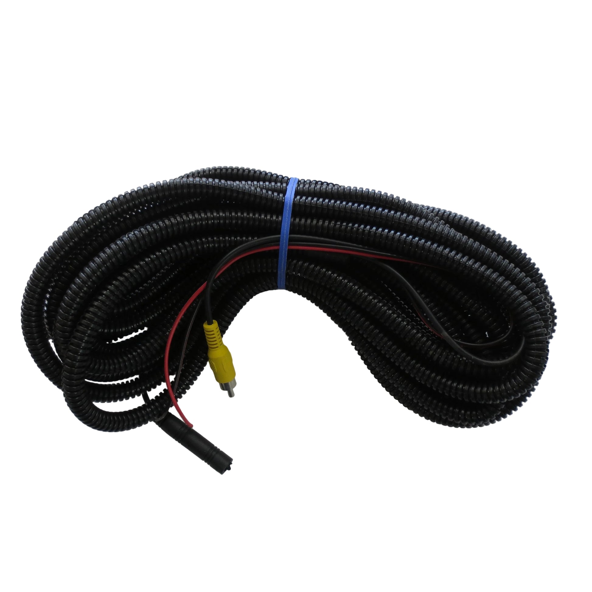 Coiled black cable with red and yellow connectors on a white background
