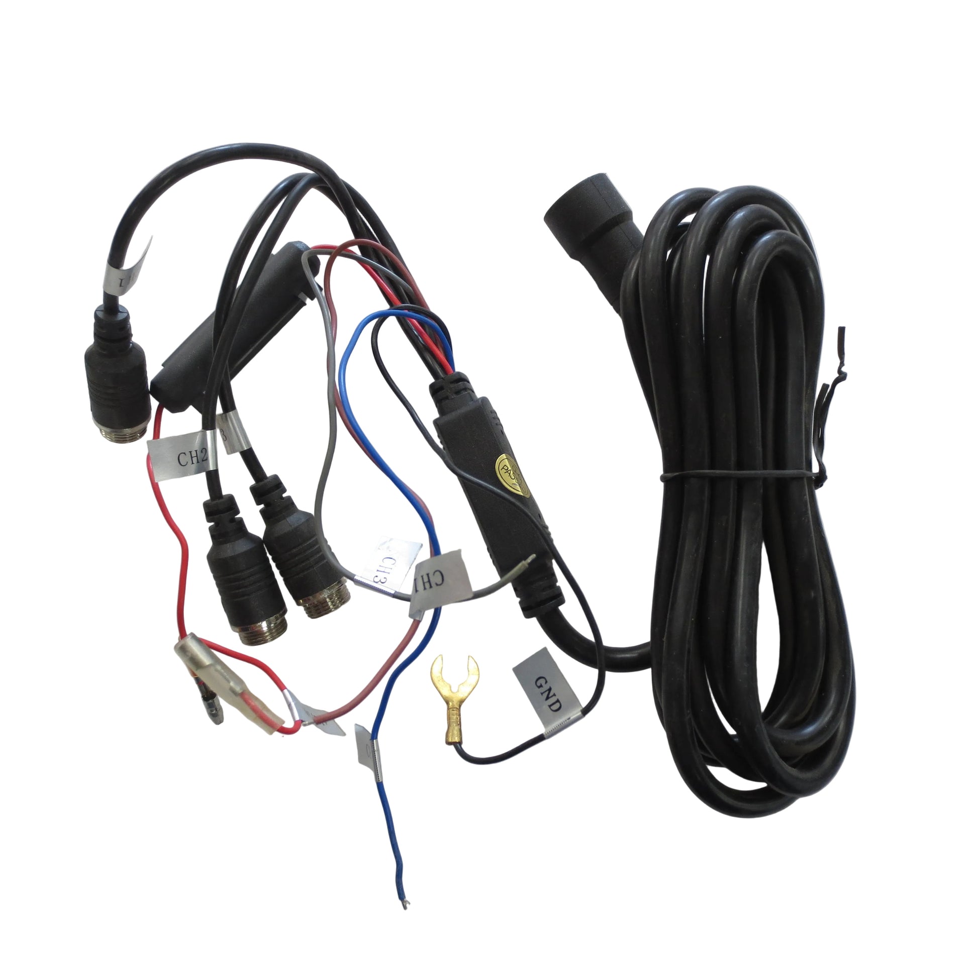 Electrical wiring harness with connectors on a white background