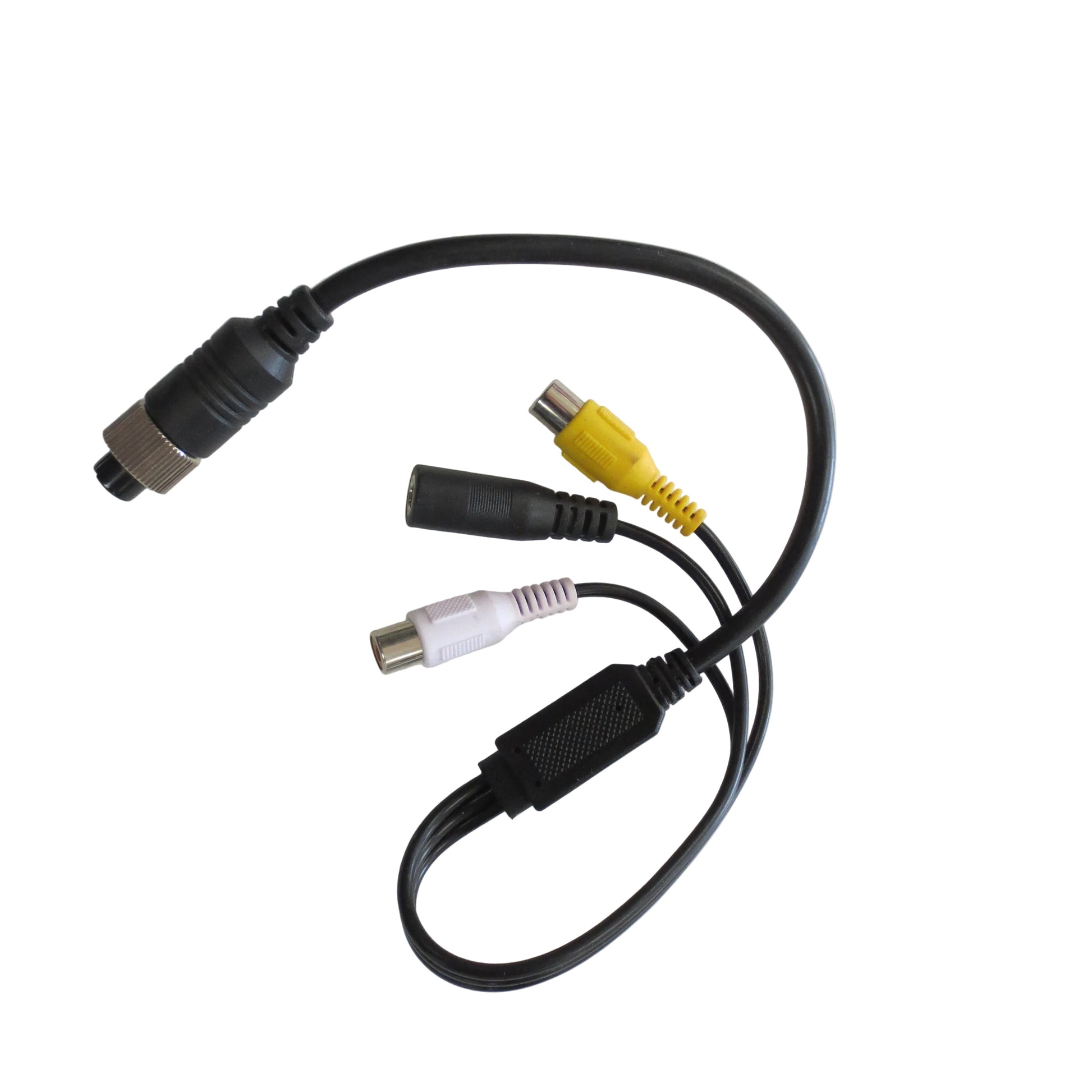 Multicolored cable with various connectors on a light gray background