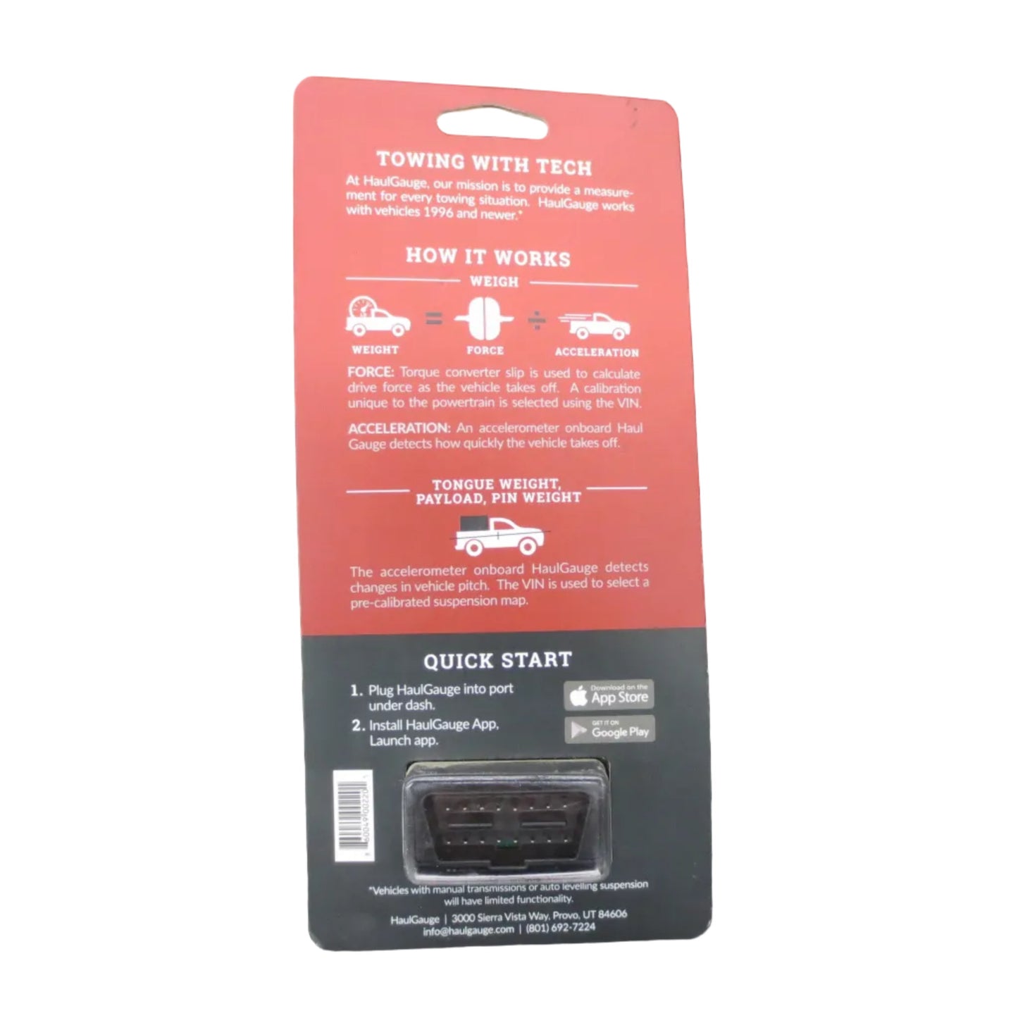 HaulGauge Mobile Tongue Weight & Payload Scale. Product packaging with red label on a textured gray background