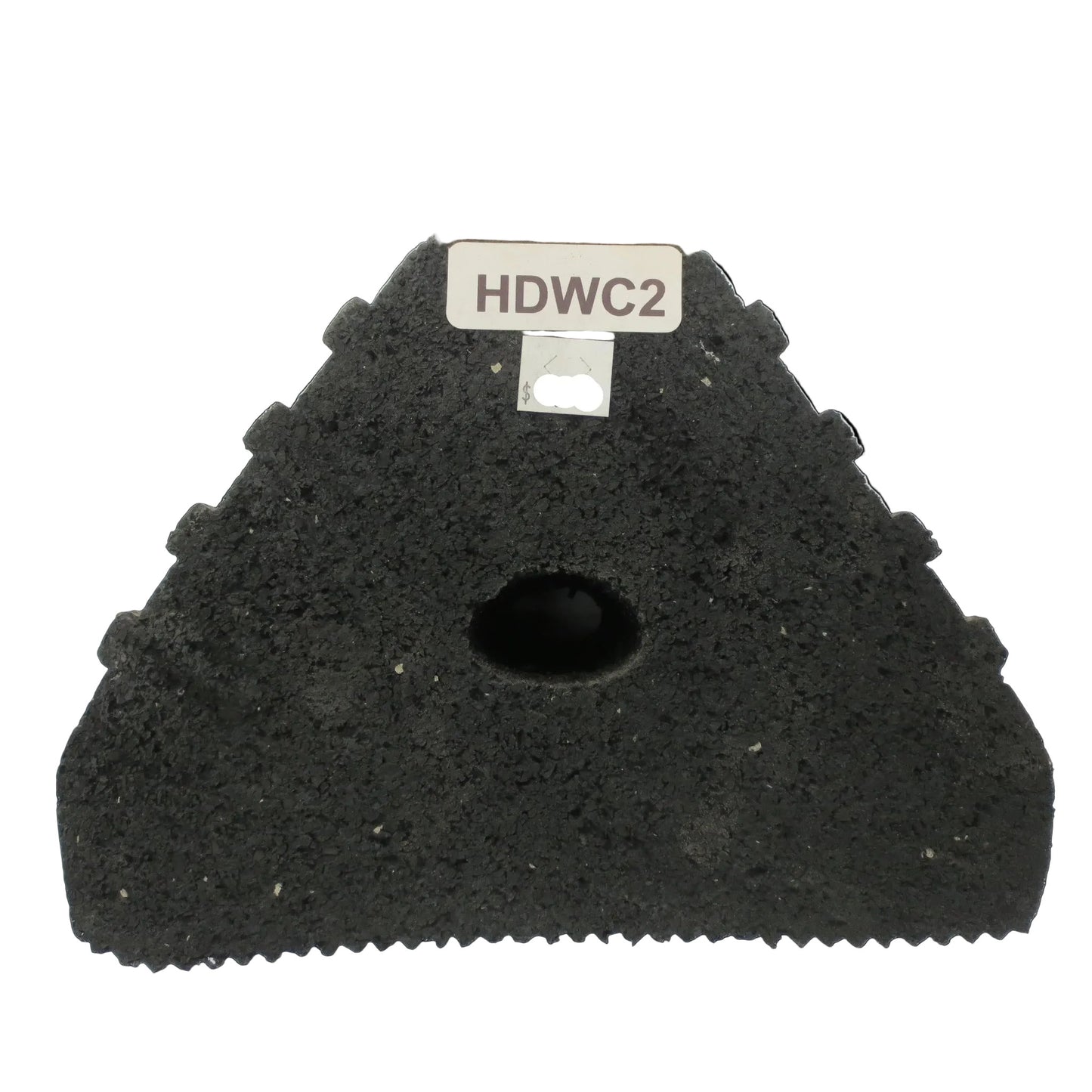A black rubber wheel chock with a tiered step design.