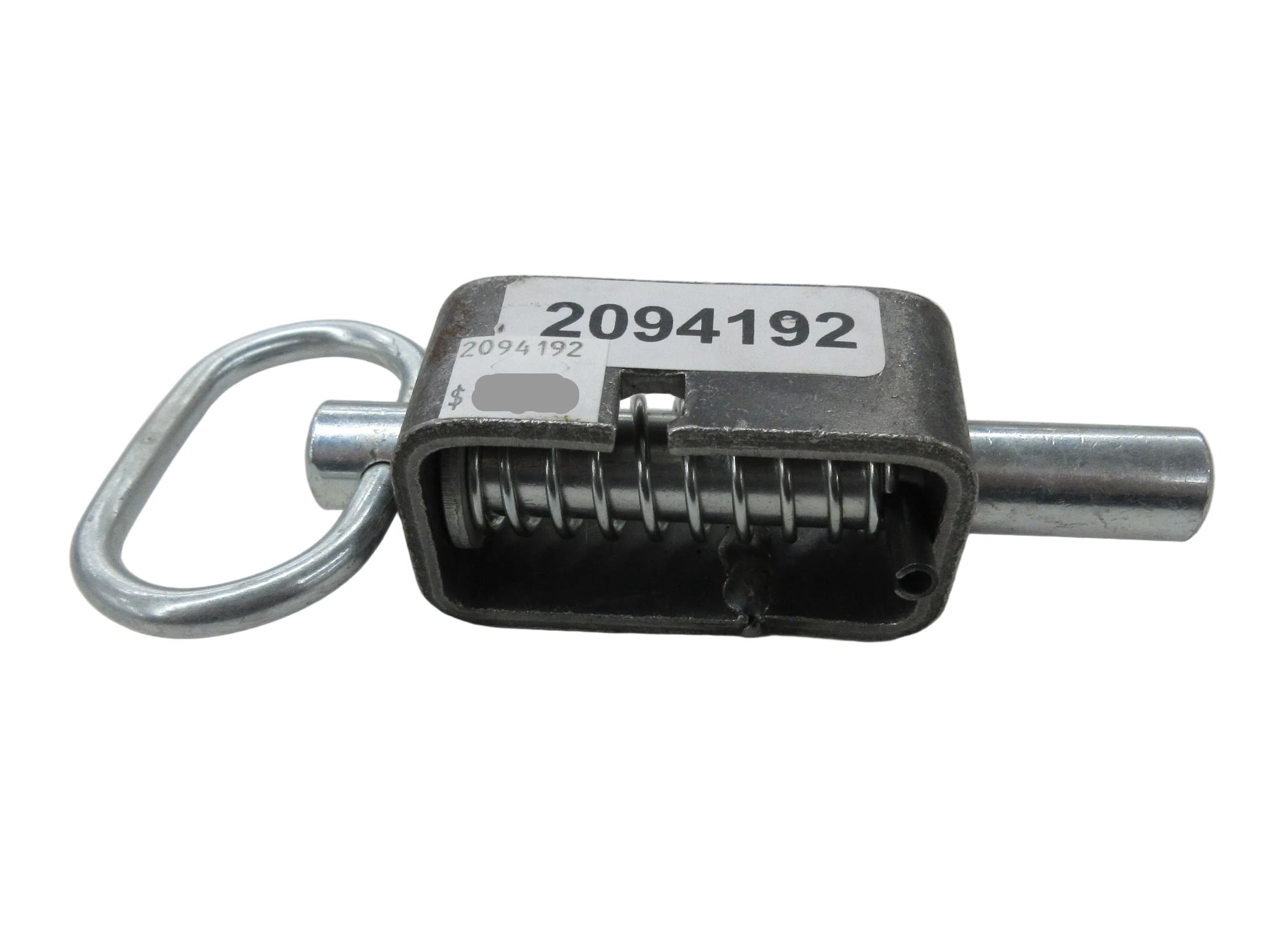 Metal spring latch with a label on a white background