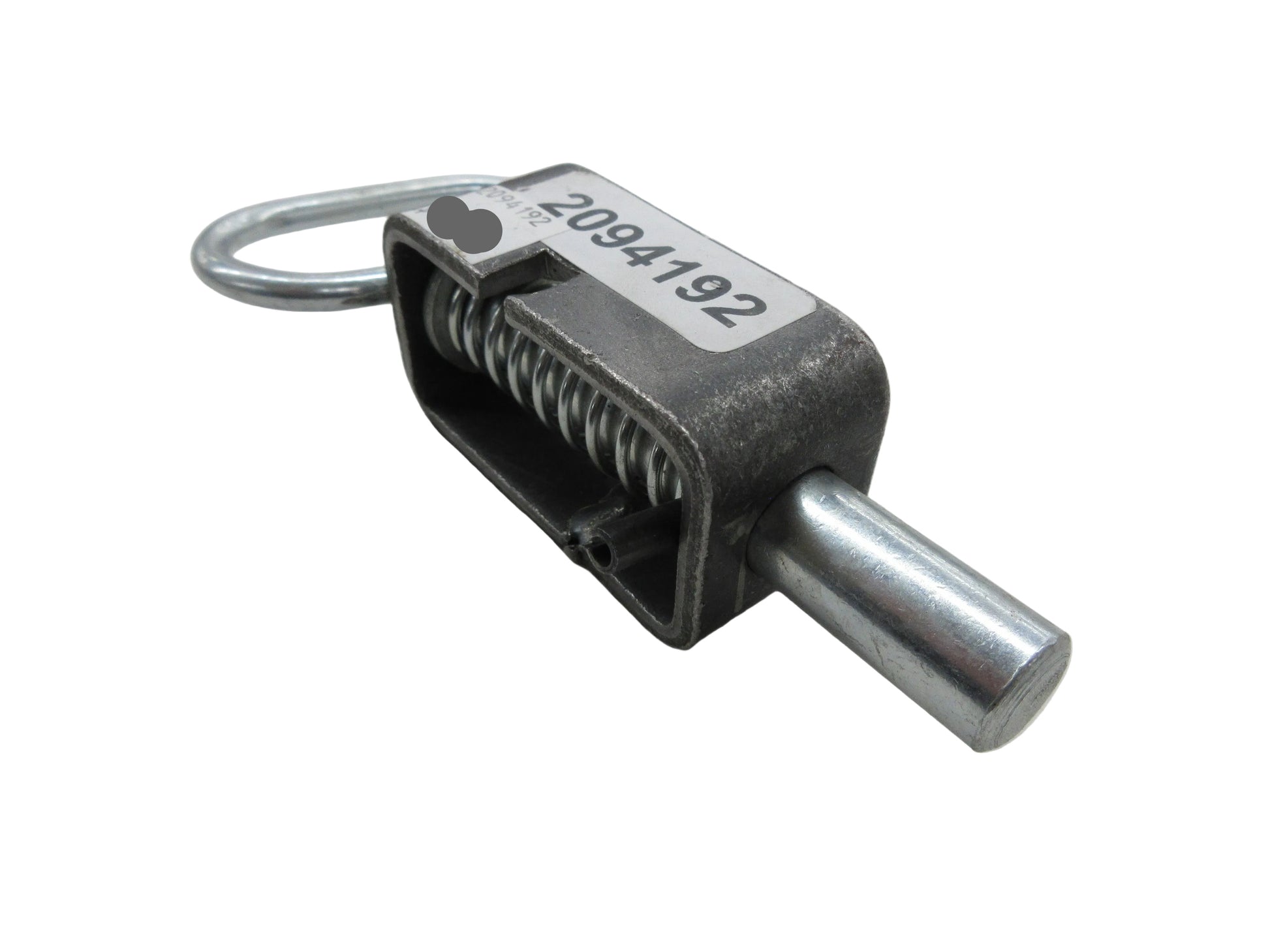 Metal spring latch with a label on a white surface