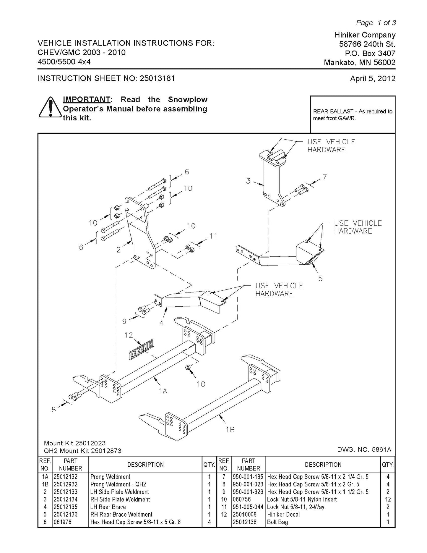 Hiniker Snowplow Mount - Quick Hitch 2 (QH2), 2003-2010 Chevy/GMC C4500-C5500, 25012873