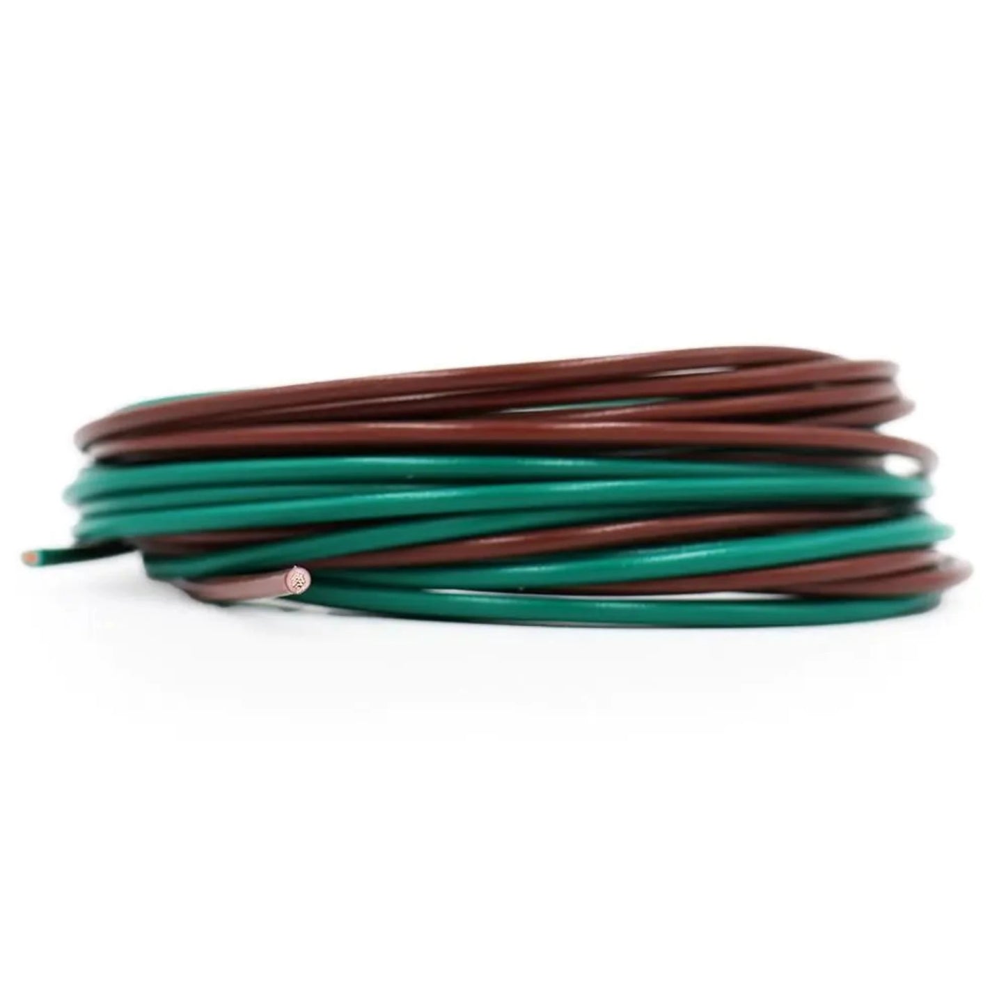 Coiled green and brown wire on a white background