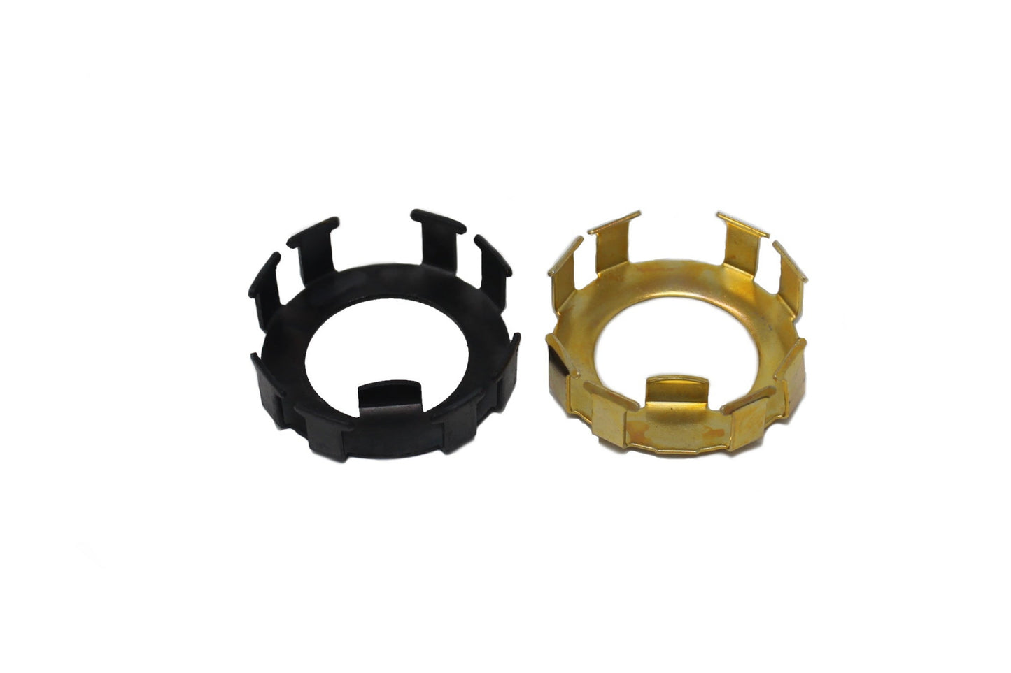 Two Trailer Axle Spindle Nut Retainers, one black and one gold.