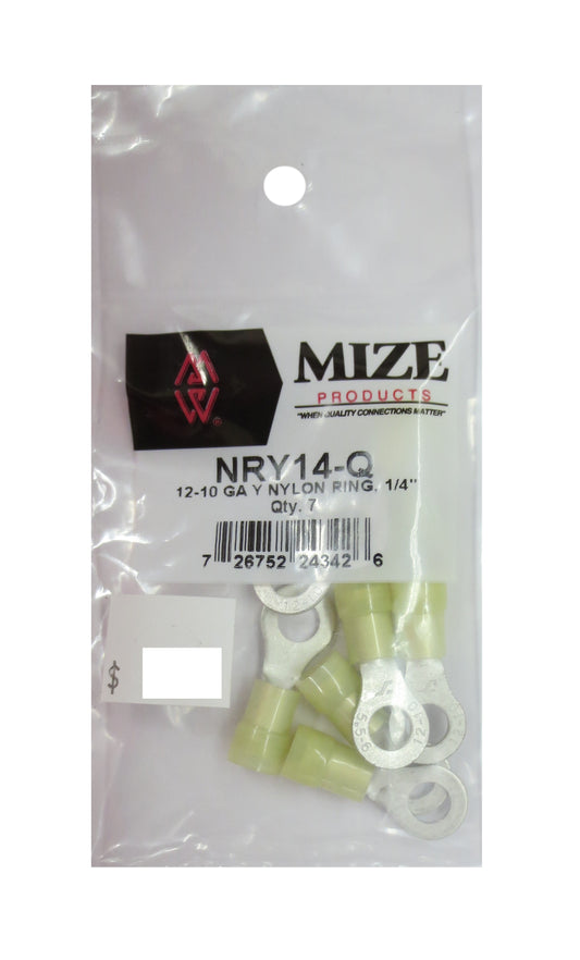 12-10 GA Yellow Nylon Ring Terminal, 1/4", NRY14-Q