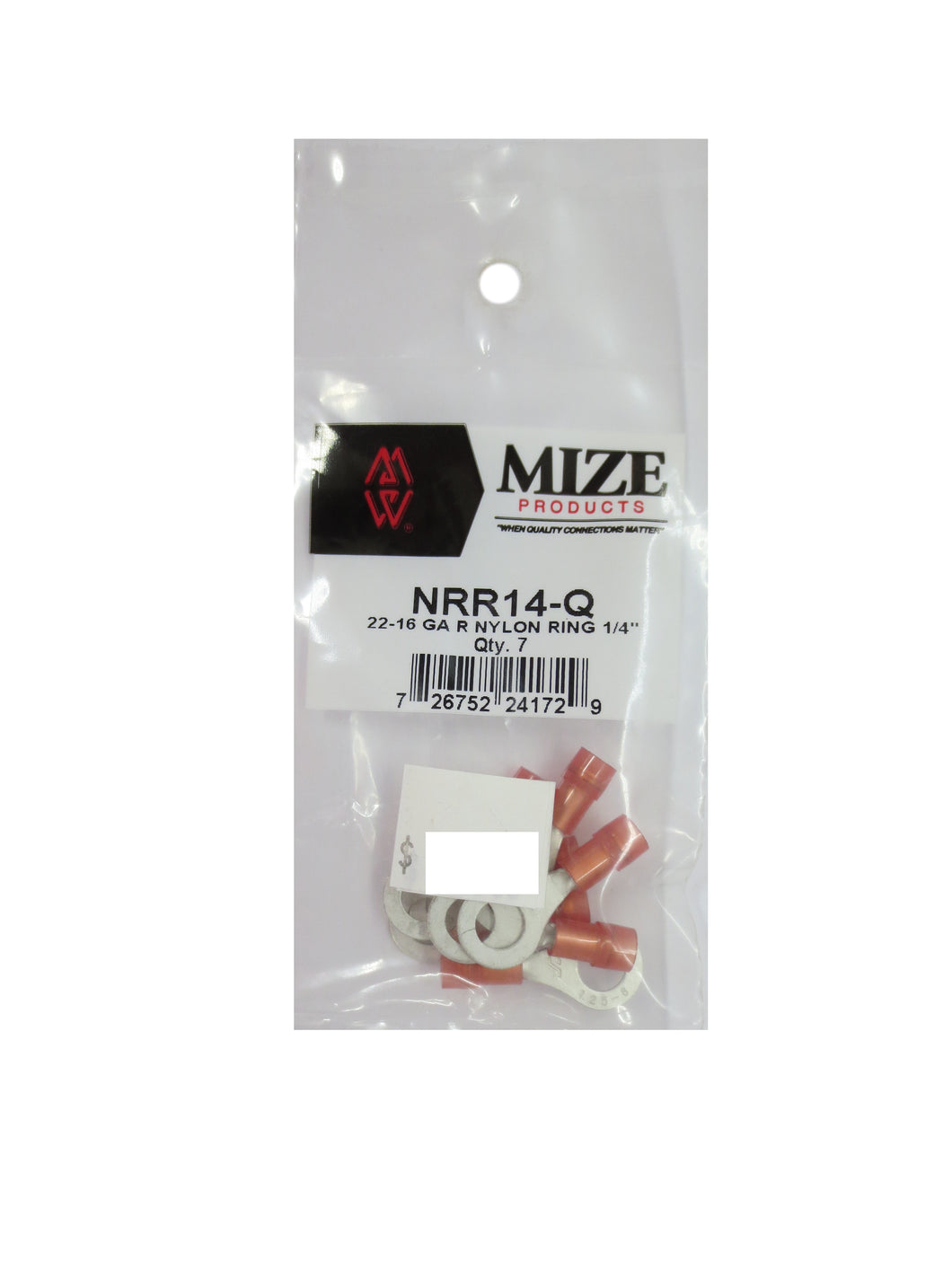 22-16 GA Red Nylon Ring Terminal, 1/4