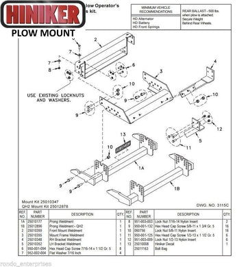 Hiniker Snowplow Mount - Quick Hitch 2 (QH2), 1972-1993 Dodge W150-350, 25012878